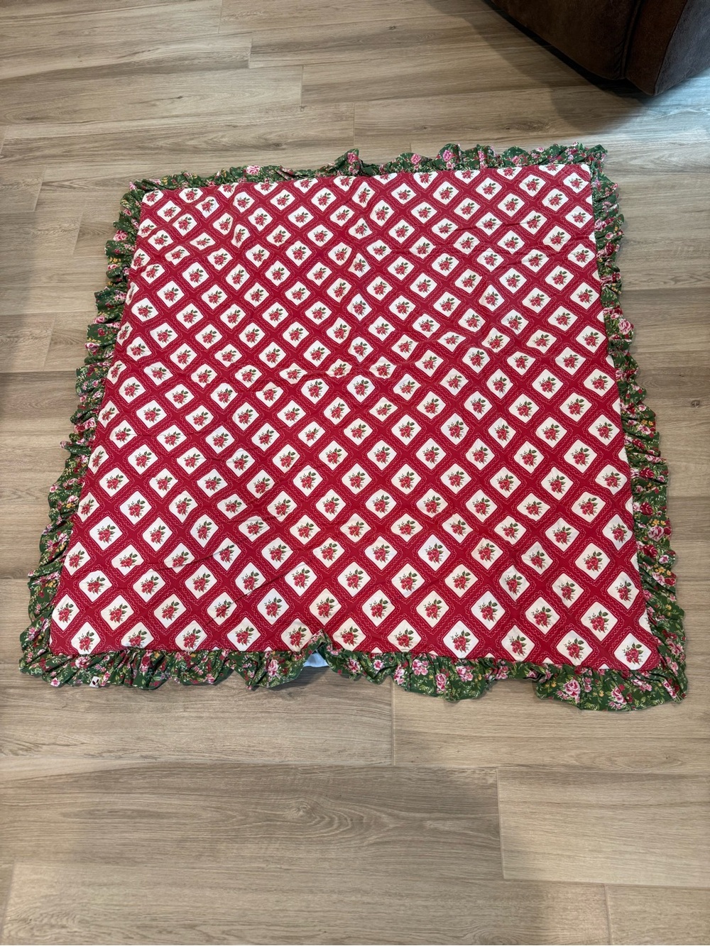 SweetHoney Red and White Quilted Throw with Green Floral Ruffle